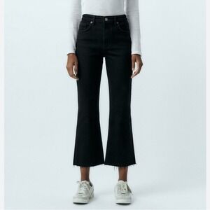 ZARA NEW Black Crop Flare High Rise Raw Hem Stretch Jeans US SZ 8 Streetwear
